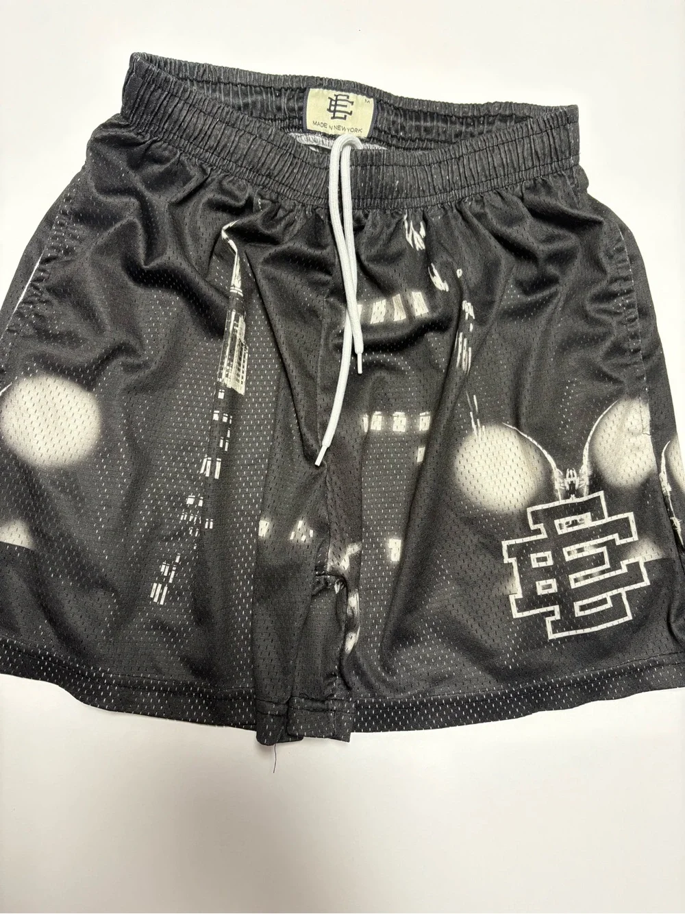 Eric Emanuel Black Mesh Graphic Athletic Shorts with White Drawstring